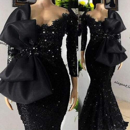 Long Sleeve Mermaid Prom Dresses 2021 Beading Lace Black Evening Dress with Bow Celebrity Sukienki Party Gowns Vestido De Fiesta