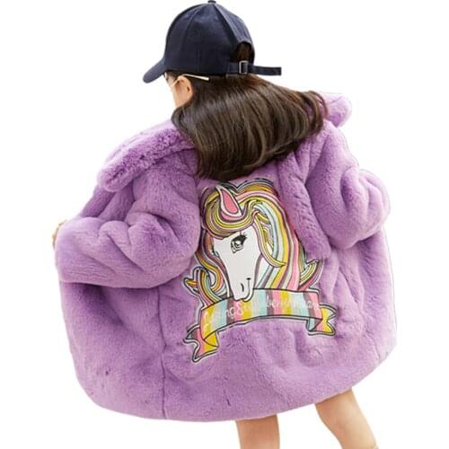 Girl Winter fur coat cute cartoon unicorn warm thick overcoat for 1-10 girls toddler kids children faux fur overcoat outerwear