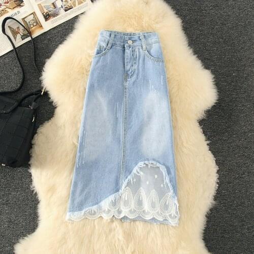 Asymmetrical Lace Patchwork Denim Women Skirts Summer New Design 2021 High Waist Knee-Length Female Clothing Top Quality