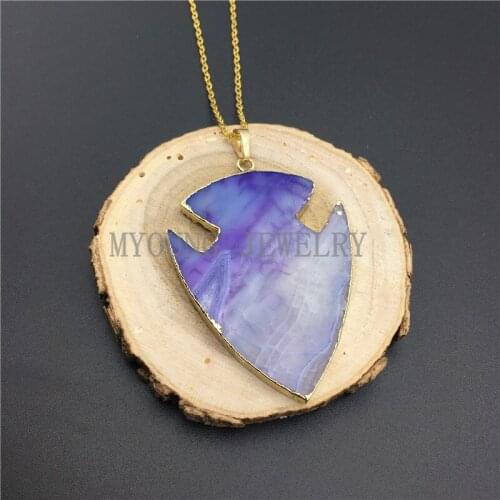 MY0887 Big Blue Arrowhead Agates Pendant Necklace,Fish Shape Dragon Necklace with Pure Gold Color Chain kolye
