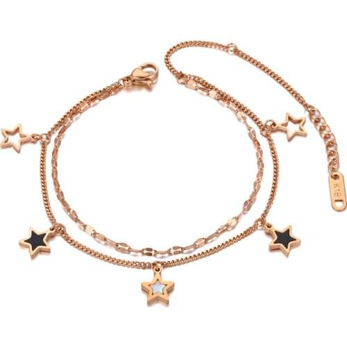 Trendy Double Layer Stainless Steel 5Pcs Star Charm Bracelet For Women Bohemia Black Acrylic Chain Link Jewelry B20180