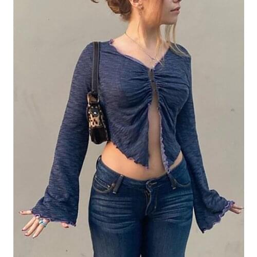 90s Aesthetics Ruffles Button Green T-shirts Y2K Fairy V-neck Flare Sleeve Ruched Slit Crop Tops Sexy Vintage Tee