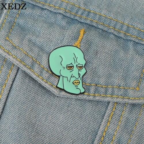 Green Classic Cartoon Character Squidward Brooch Ugly Twisted Green Head Face Devil Enamel Pin Denim Backpack Badge Child Gifts