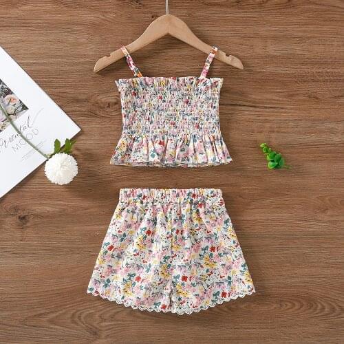 Girl Ditsy Floral Print Tops + Shorts Clothing Sets Summer Child Kids Casual Short Ruffle Hem Cami and Short Pants for Girls New