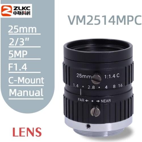 Machine Vision Lens 25mm ZLKC HD 5.0 Megapixel F1.4 Manual Iris FA Lens for Industrial Camera C/CS Mount Low Distortion Lens