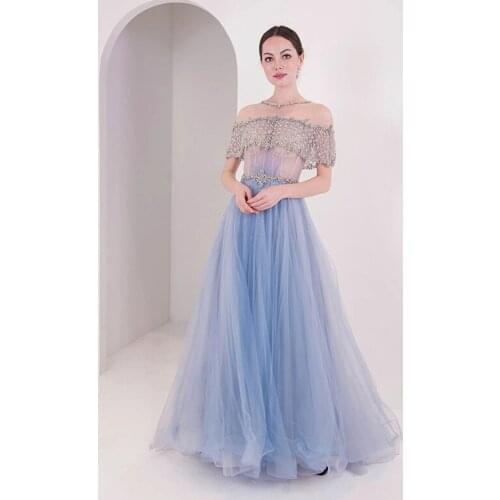 Sweet Blue Tulle Long Prom Dresses Silver Rhinestones O Neck Beaded Elegant Evening Party Gown Women Dress
