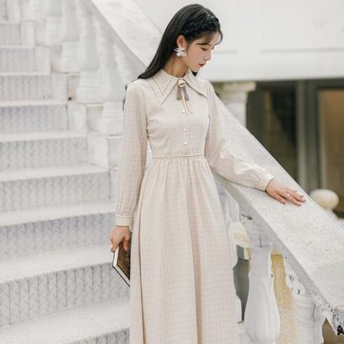 2021 Autumn Women Clothing Literary Retro Plaid Lapel Dresses Retro Girl Small Fresh Fashion Simple French Robe Femme Dress