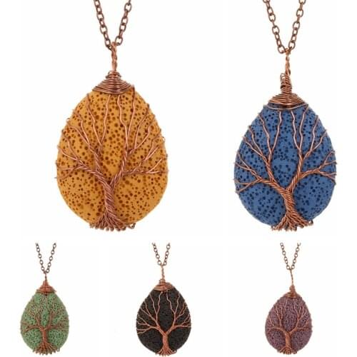 Natural Stone Necklaces&Pendants Wire Wrap Lava Stone Tree of Life Wrapped Drop Shape Healing Fashion Necklace Women Men Jewelry