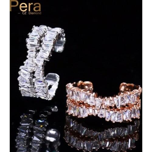 Pera Top Quality Adjustable Size 2 Rows Big Cubic Zirconia Baguette Shinning Women Engagement Party Rings Jewelry For Gift R070