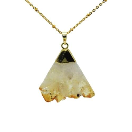 Gold Plating Triangle Raw yellow crystal quartz pendant girl necklace natural geode druzy stone pendant necklace for women party