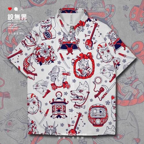 Japanese ukiyo elements illustration Lucky Cat Tumbler Dragon Head Harajuku Style Short-Sleeved shirt Shirts Summer Clothes