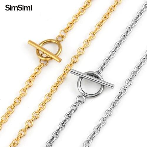 Silver Color/Gold Color 100% Stainless Steel Lock Chain Necklace For Women e T bar pendant Rolo O link collares de moda