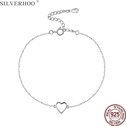SILVERHOO 925 Sterling Silver Women Bracelet Hollow Heart Simple Bracelet Bangle Daily Female Fine Jewelry Direct Selling Gift