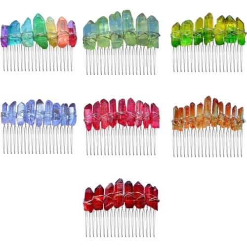Wedding Bridal Jewelry Side Combs Rainbow Multicolor Raw Crystal Quartz Hairstyle Tiara Boho Vintage Metal Hairpins Clip