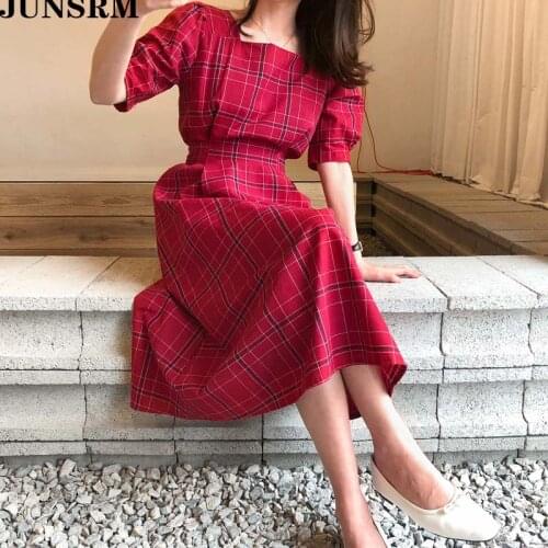 Vintage Summer Dress Women Cotton Linen OL Short Sleeve Red Plaid Dresses Loose Boho Robe Femme Vestidos 2020 New A-Line Dresses