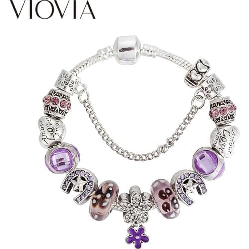 VIOVIA 2019 New Fashion Heart Charms Bracelets & Bangles Flower Beads Bracelets for Women Fashion Jewelry for Women B17139