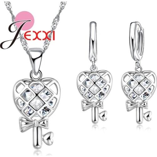 Hollow Out Heart Design Fashion 925 Sterling Silver Crystal Pendant Necklaces Earrings Jewelry Set For Women