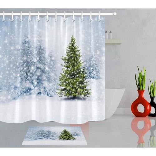 Winter Snow Fir Forest Christmas Tree Bathroom Waterproof Fabric Polyester Shower Curtain 12 Hooks Bathtub Accessory Sets