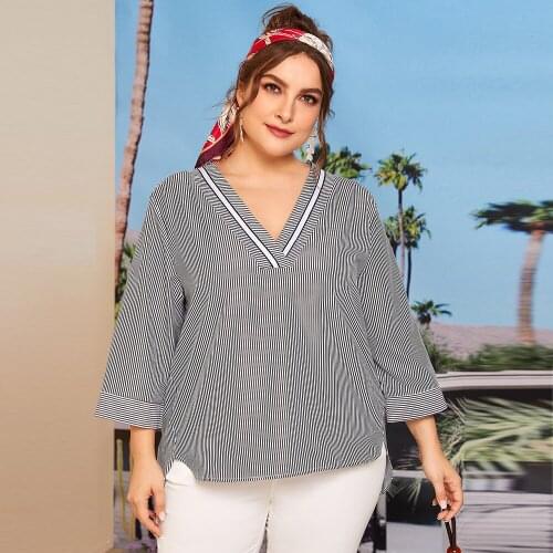 2021 Fashion Summer Women Striped Blouse Shirt Plus Size Female V Neck Long Sleeve Irregular Tunic Tops Ladies Casual Blouse