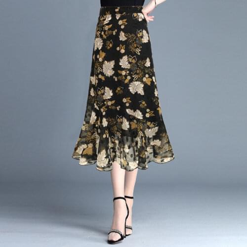 Long Skirts for Women 2021 Spring Summer Korean Elegant Floral Print Female Chiffon Mermaid High Waist Skirt Jupe Femme Y760