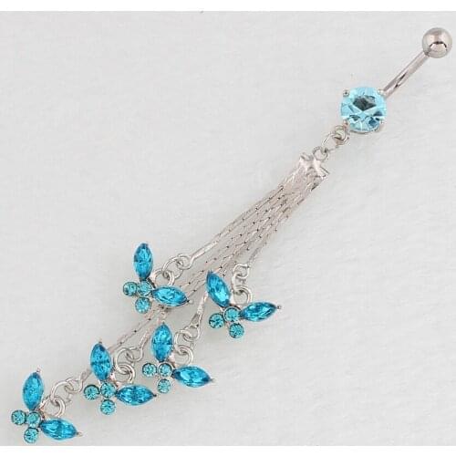 Women Fashion Cute Blue Rhinestone Butterfly Tassels Navel Belly Rings Body Piecing Jewelry