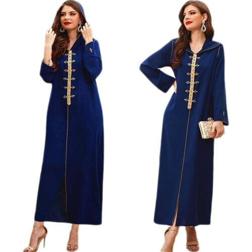 Dubai Muslim Women Long Dress Hand Sewing Diamonds Hooded Abaya Islamic Ramadan Eid Maxi Robe Gown Moroccan Turkish Caftan Arab