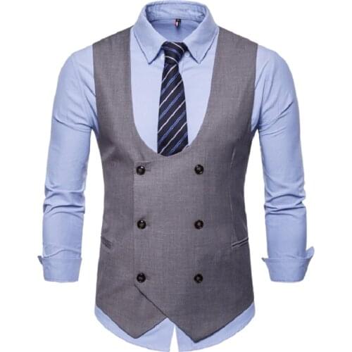 U-neck suit vest for men business casual mens vest Dress Waistcoat Gilet Sleeveless Formal Jacket Slim fit double-breasted vest
