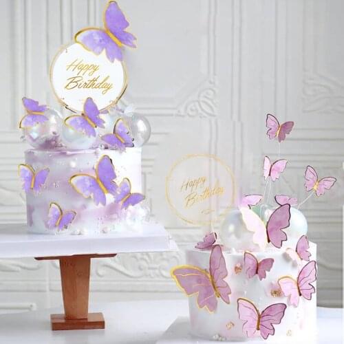 1set Pink Butterfly Paper Cake Topper Acrylic Happy Birthday Cupcake Toppers for Wedding Party Baking Decor Baby Shower Supplies