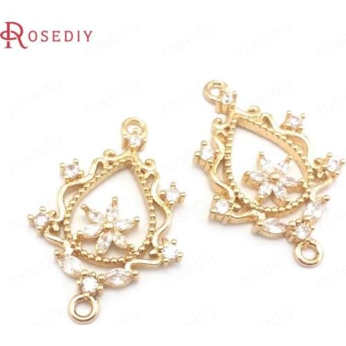 40129)6PCS 24K Champagne Gold Color Brass and Zircon with Flower Drop Shape Connect Charms Pendants Jewelry Making Supplies