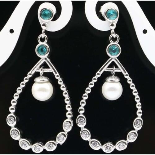 43x20mm Luxury Earrings for Women Silver Fine Jewelry Created Blue Aquamarine White Pearl Zirconia Daily Wear Dating