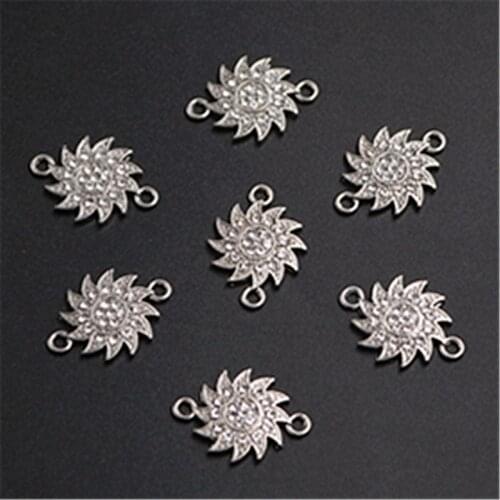 6pcs Antique Silver Color Handmade Rhinestone Sunflower Charm Bracelet Necklace DIY Metal Jewelry Alloy Connector 21*16mm A1314