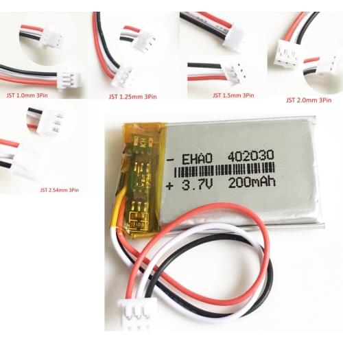 3.7V 200mAh 402030 Lithium Polymer LiPo Rechargeable battery JST 1.0/1.25/1.5/2.0/2.5mm 3pin for Handheld GPS Mp3 GPS bluetooth