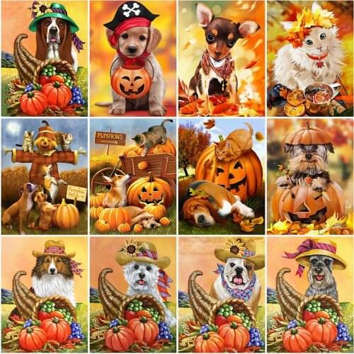HUACAN Full Drill Diamond Painting Halloween Dog Pumpkin Diamond Embroidery Animal Cross Stitch Diamond Mosaic Autumn Decoration