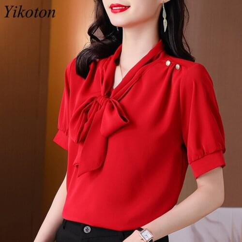 Blouses and Shirts New 2021 summer Bow Tie Fashion Women Blouse Short sleeve White Shirt Female Top blusas mujer blusa feminina