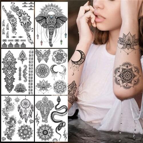 Mandala Flower Temporary Tattoos For Women Girls Henna Snake Tattoo Sticker Black Tribal Elephant Ganesha Fake Jewelry Tatoo Arm