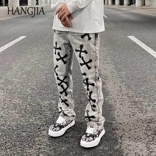 PU Leather Bone Embroidery Flared Denim Trousers Men Streetwear Retro Washed Distressed Flare Jeans for Women Fashion Clothes