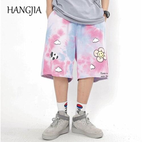 Retro Summer Elastic Waist Loose Casual Baggy Shorts for Men and Women Tie-dye Gradient Smiley Foam Printing Five-point Pants