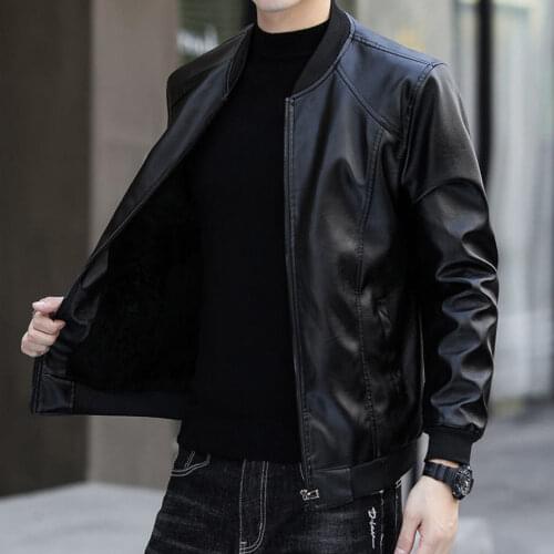Mens Leather Jacket Autumn and Winter Self-cultivation Leisure Warmth Middle-aged and Young