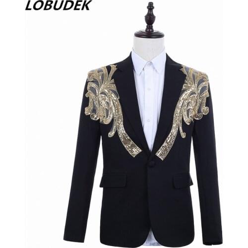 Korean Style Mens Suit Jackets Gold Sequins Black Blazers Formal Clothing Prom Party Host Stage Costume Singer Stage Show Coat