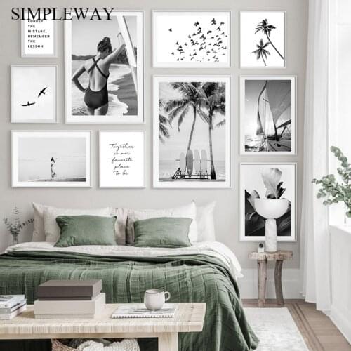 Tropical Beach Black White Poster Seascape Wall Art Canvas Print Palm Surfboard Painting Simple Quotes Picture Modern Home Decor