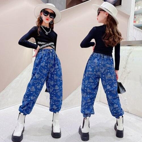 Skinny Short Letter Pullover+ Graffiti Style Jeans Spring Autumn 2pcs/set Kids Girls Fashion Trend Clothing Suit Children Outfit