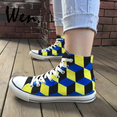 Wen Original Design Hand Painted Skateboarding Shoes 3 Dimentional Stereogram Man Womans High Top Canvas Sneakers Plimsolls