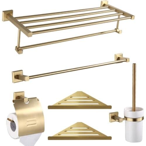 Solid Brass Bathroom accessories gold brushed towel shelf 60cm toilet paper holder ceramic toothbrush cup holder