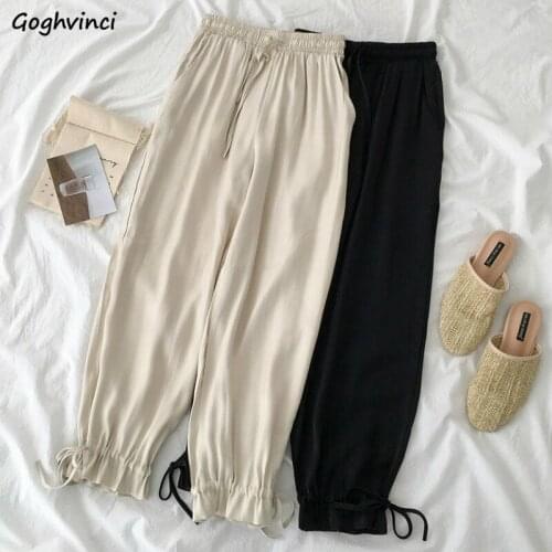 Casual Pants Women Ruffle Bundle Leisure Solid Simple Korean Style Drawstring Womens High Waist Vintage Chic Streetwear Trendy