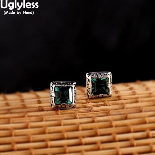 Uglyless Neutral MINI 8MM Green Crystals Studs Earrings for Men Women Retro Patterns 925 Silver Earrings Unisex Vintage Jewelry
