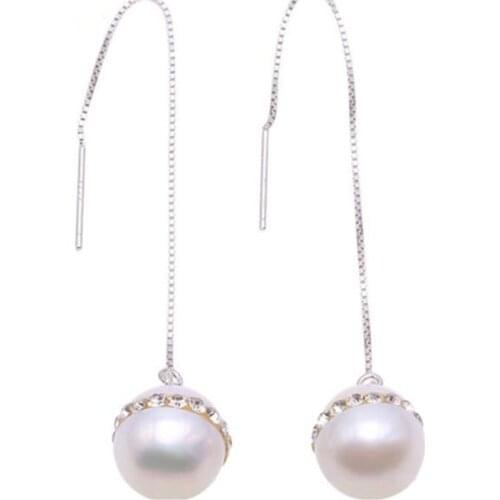 Pearl Earrings Silver 925 Long Dangle Earrings 100% Real Natural Freshwater Pearl Earrings Dotted with Crystal Zircon-10.5mm