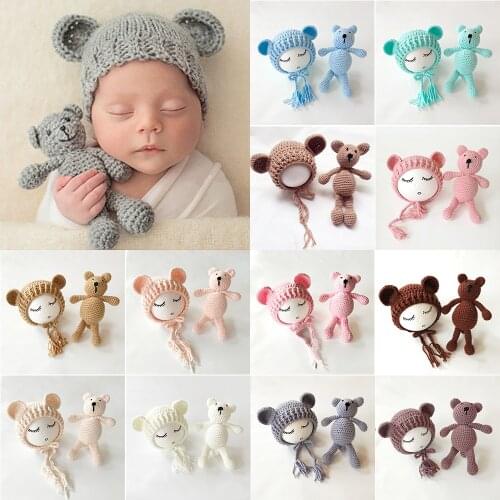 11 Wool Knitted Hat + Bear dolls / Set For Newborn Photography Props Baby Girl Photo Shoot Accessories Fotografia Photoshoot Cap