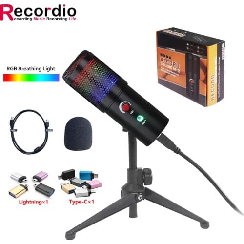 GAM-U09 USB Condenser Microphone for Computer RGB Glowing Gaming MIC with Mute Button for PC Game Live Podcasting Recording