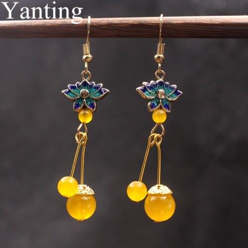 Yanting Women Dangle Earrings Blue Cloisonne Lotus Earrings For Women Female Summer Earings Fashion Jewelry Yellow Stones 027