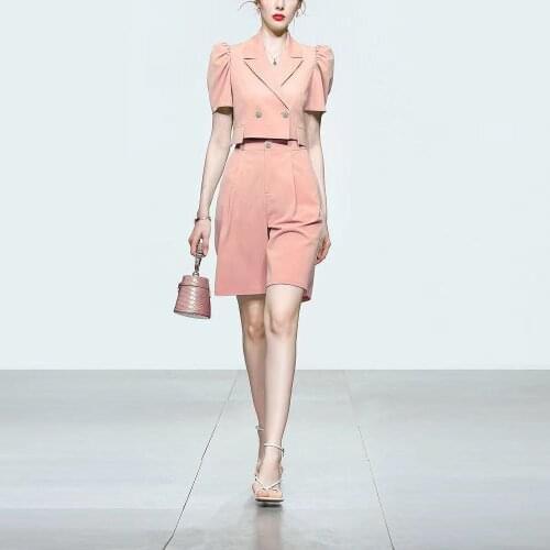 IVY HE New Summer Womens Suit Collar Shorts Sets Fashion Moranti Pink High Waist Retro Blazer Wide Leg Pants Two Piece Set